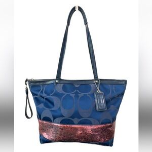 Coach Navy Signature Tote with Rose Sequin Band